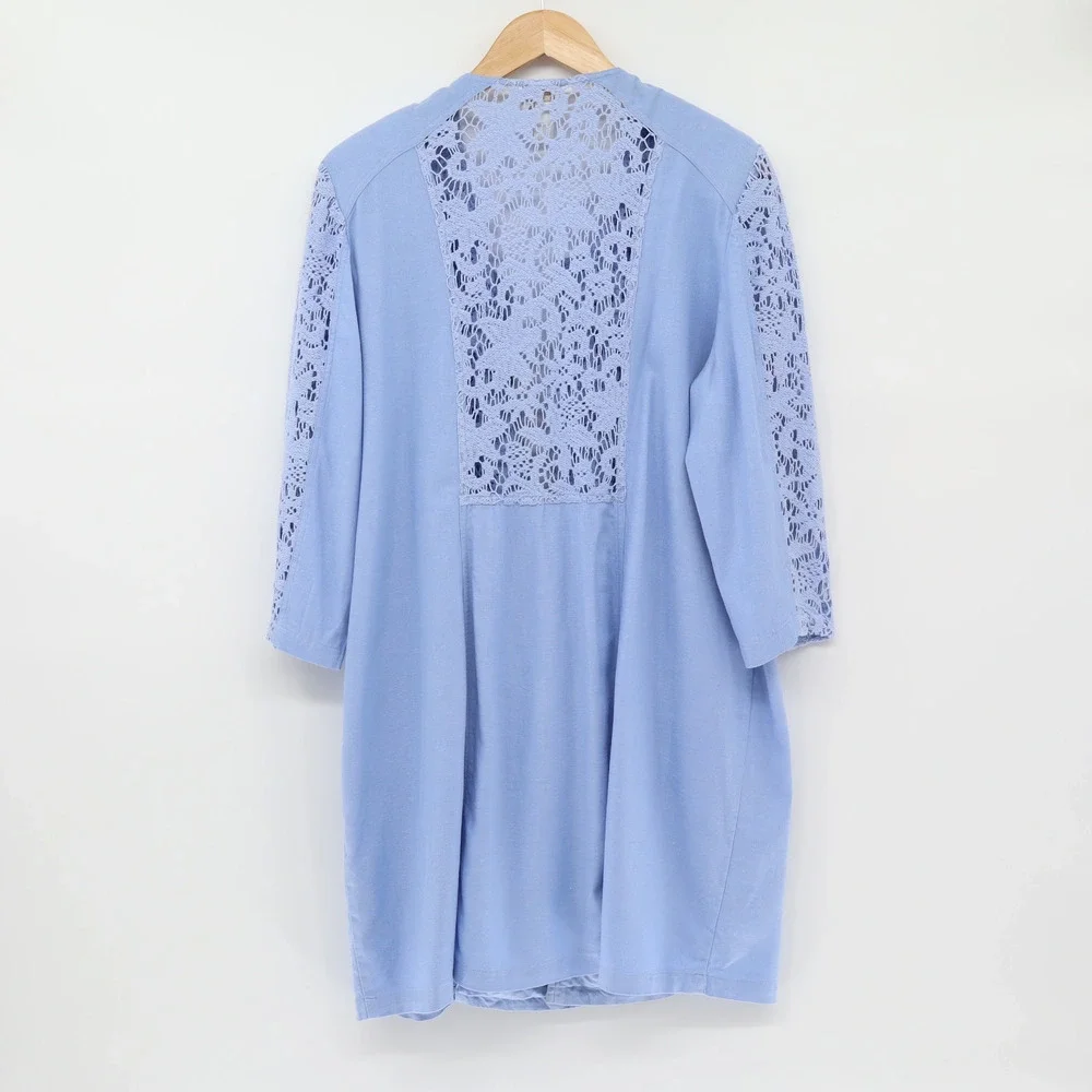 Chicos Women's Light Blue Linen Blend Lace Duster Jacket 3/4 Sleeve Sz XL - Picture 2 of 4